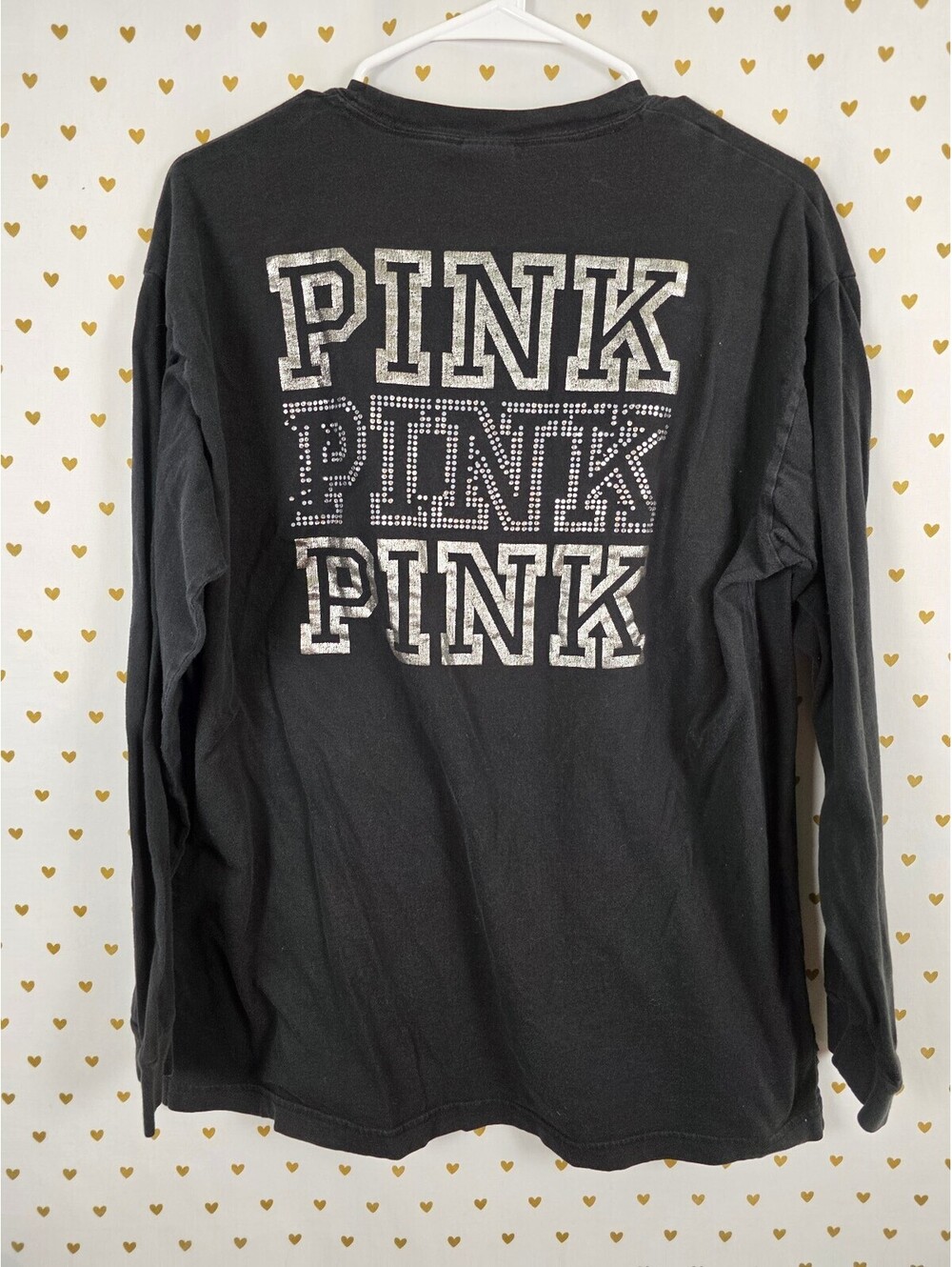 Victorias Secret PINK Black Long sleeve Bling Logo tee shirt Large